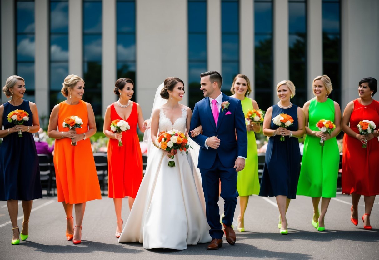 A wedding rehearsal scene with guests wearing vibrant colors like red, orange, and neon green, while the bride and groom-to-be wear more muted tones like ivory and navy