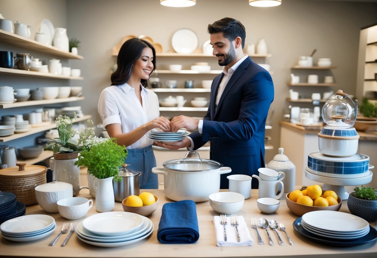 A table filled with kitchenware, linens, and home goods. A couple selects items while a sales associate assists