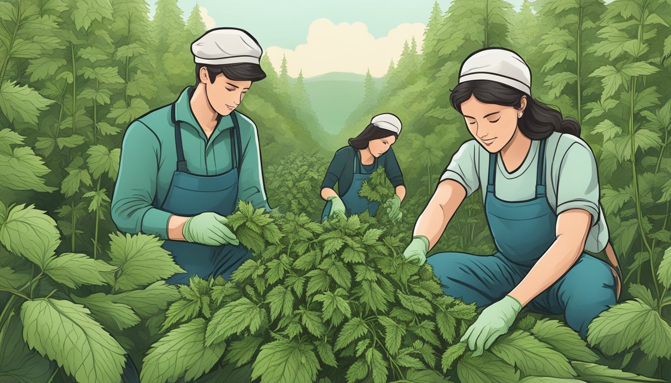 Nettles being harvested and prepared for medicinal use, with researchers studying their safety for consumption