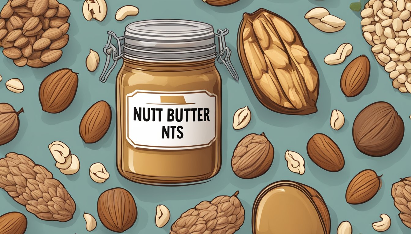 A jar of nut butter surrounded by various nuts and a warning sign