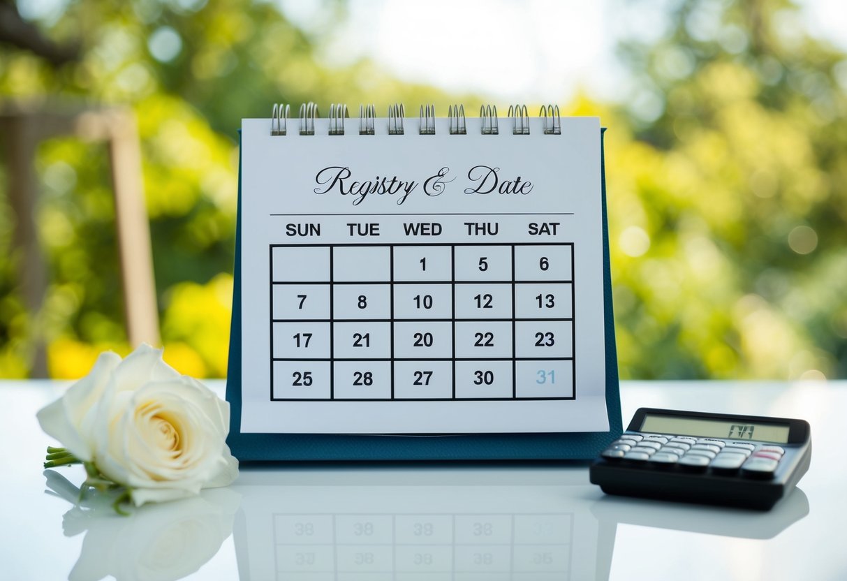 A calendar with a wedding date marked and a countdown timer showing the duration of the registry