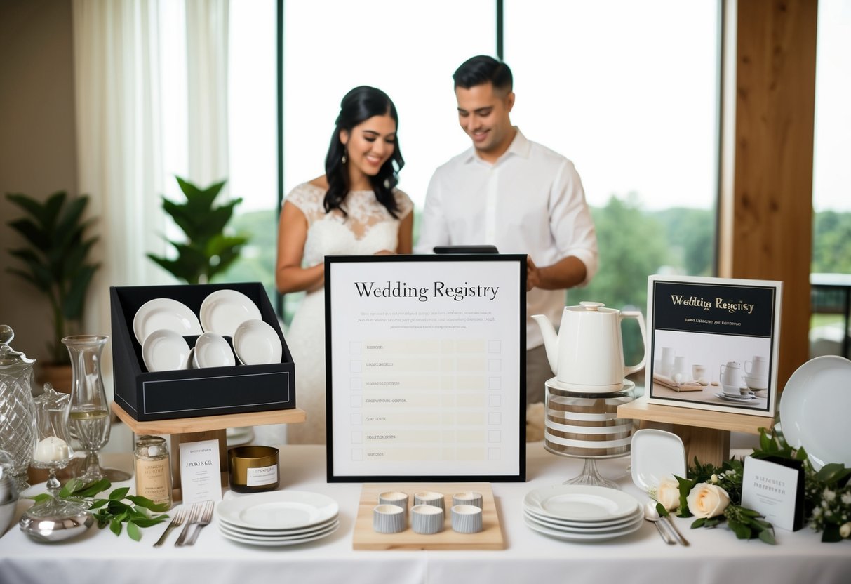 A wedding registry displayed on a table with various items such as kitchenware, linens, and home decor. A couple is browsing and selecting items