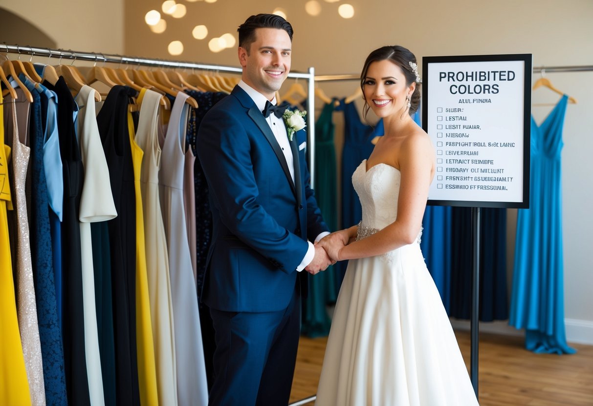 A bride and groom standing in front of a rack of clothing, with a sign displaying a list of prohibited colors for wedding rehearsal attire