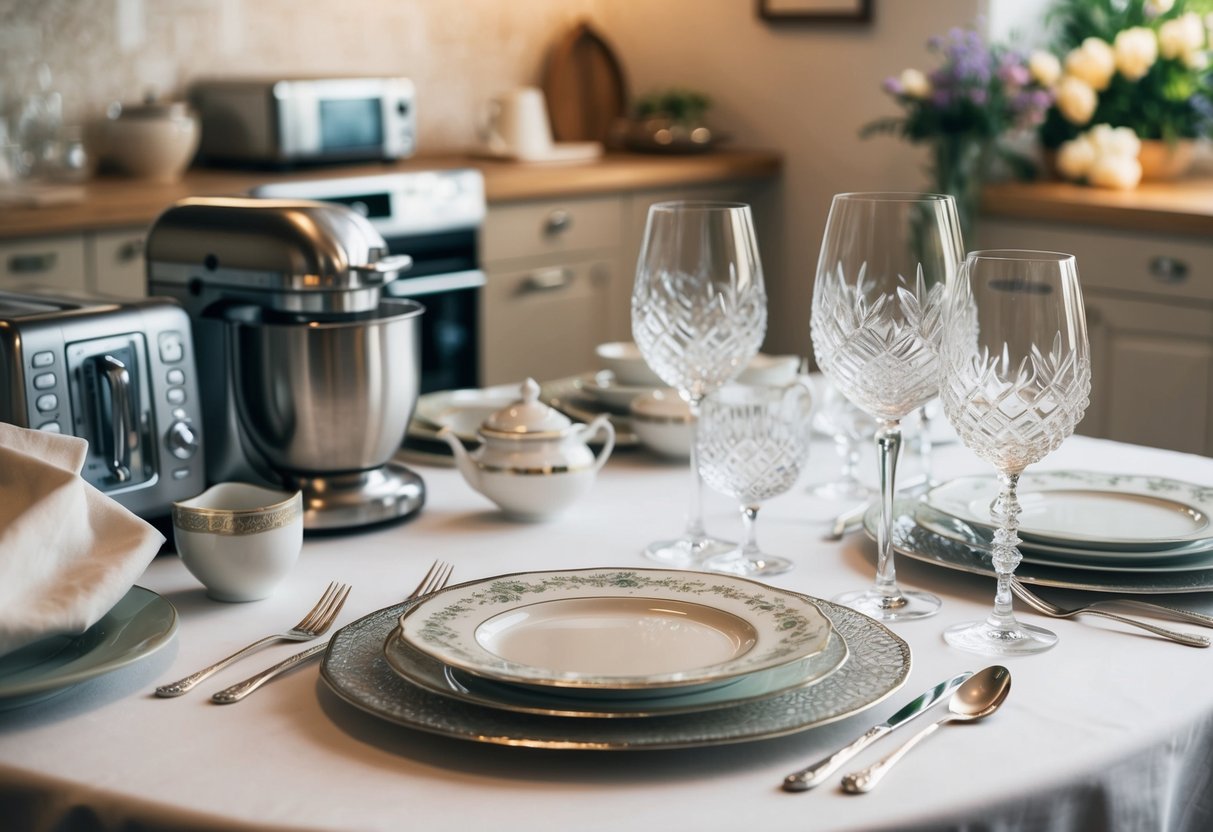 A table set with fine china, crystal glassware, and elegant silverware. A selection of kitchen appliances, linens, and decorative items displayed nearby