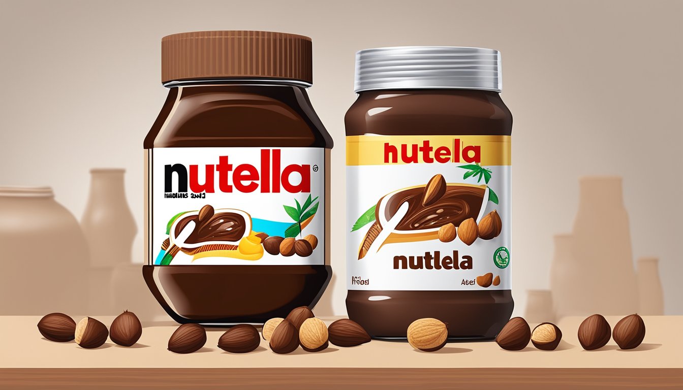 A jar of Nutella surrounded by hazelnuts, cocoa beans, and palm oil. The expiration date is visible on the label