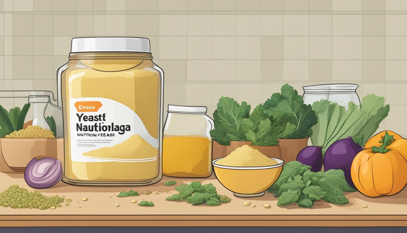 A jar of expired nutritional yeast with visible signs of spoilage, sitting on a kitchen counter next to a pile of fresh ingredients