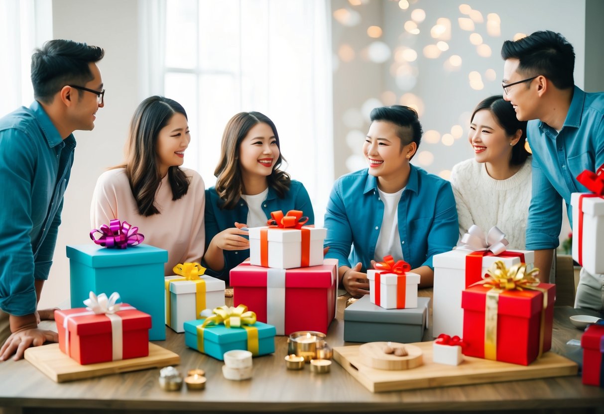 A table filled with gifts, from kitchenware to home decor, surrounded by happy couples discussing their future together