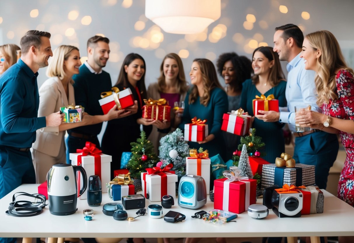 A table adorned with various household items and gadgets, surrounded by happy guests mingling and admiring the gifts