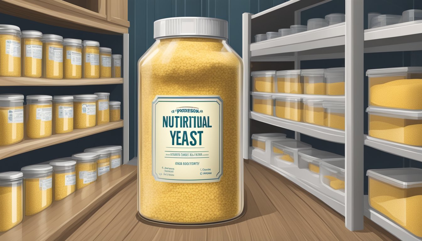 A sealed container of nutritional yeast stored in a cool, dry pantry with a label indicating the expiration date