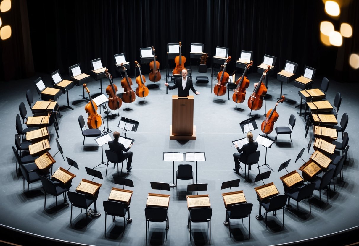 Musical instruments arranged in a circle on a stage, with sheet music and a conductor's podium in the center
