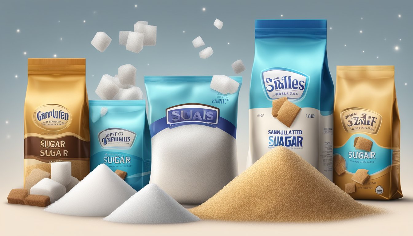 A bag of sugar with a visible expiration date, surrounded by various types of sugar in different packaging, such as granulated, powdered, and brown sugar