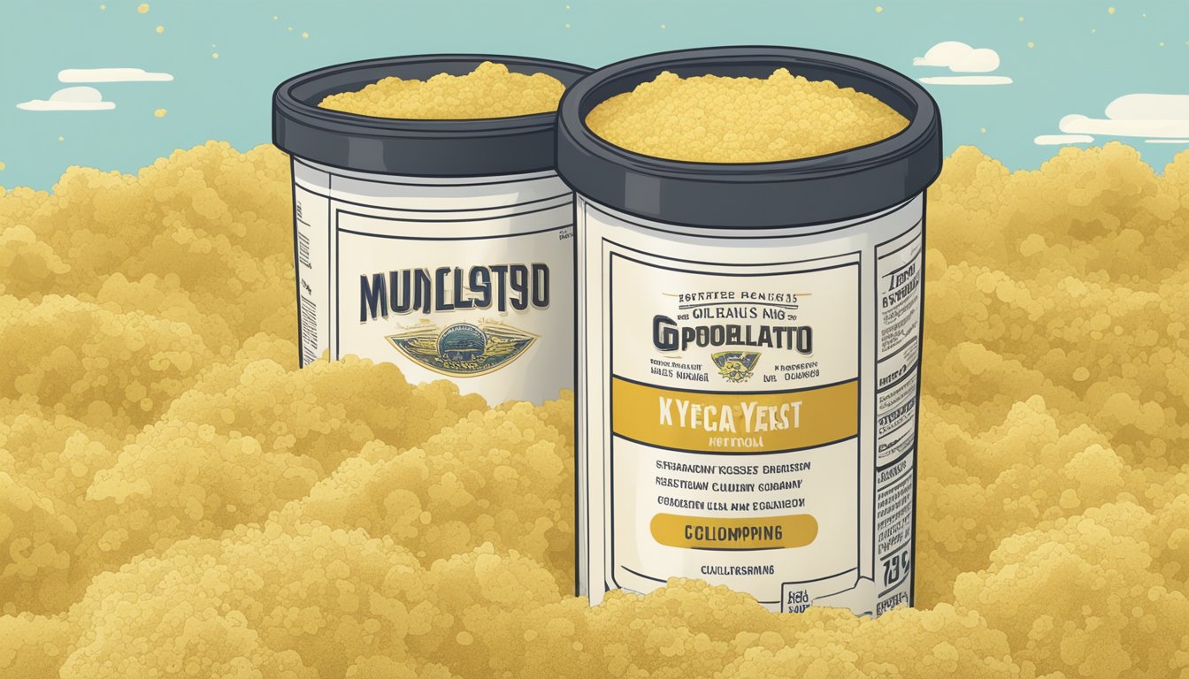 A close-up of a package of expired nutritional yeast with visible signs of spoilage, such as discoloration, clumping, and a foul odor