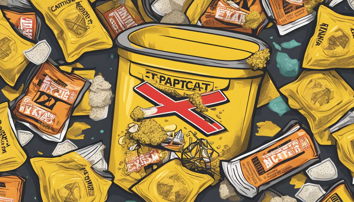 A pile of expired nutritional yeast packets next to a trash can, with a caution sign and a red X symbol