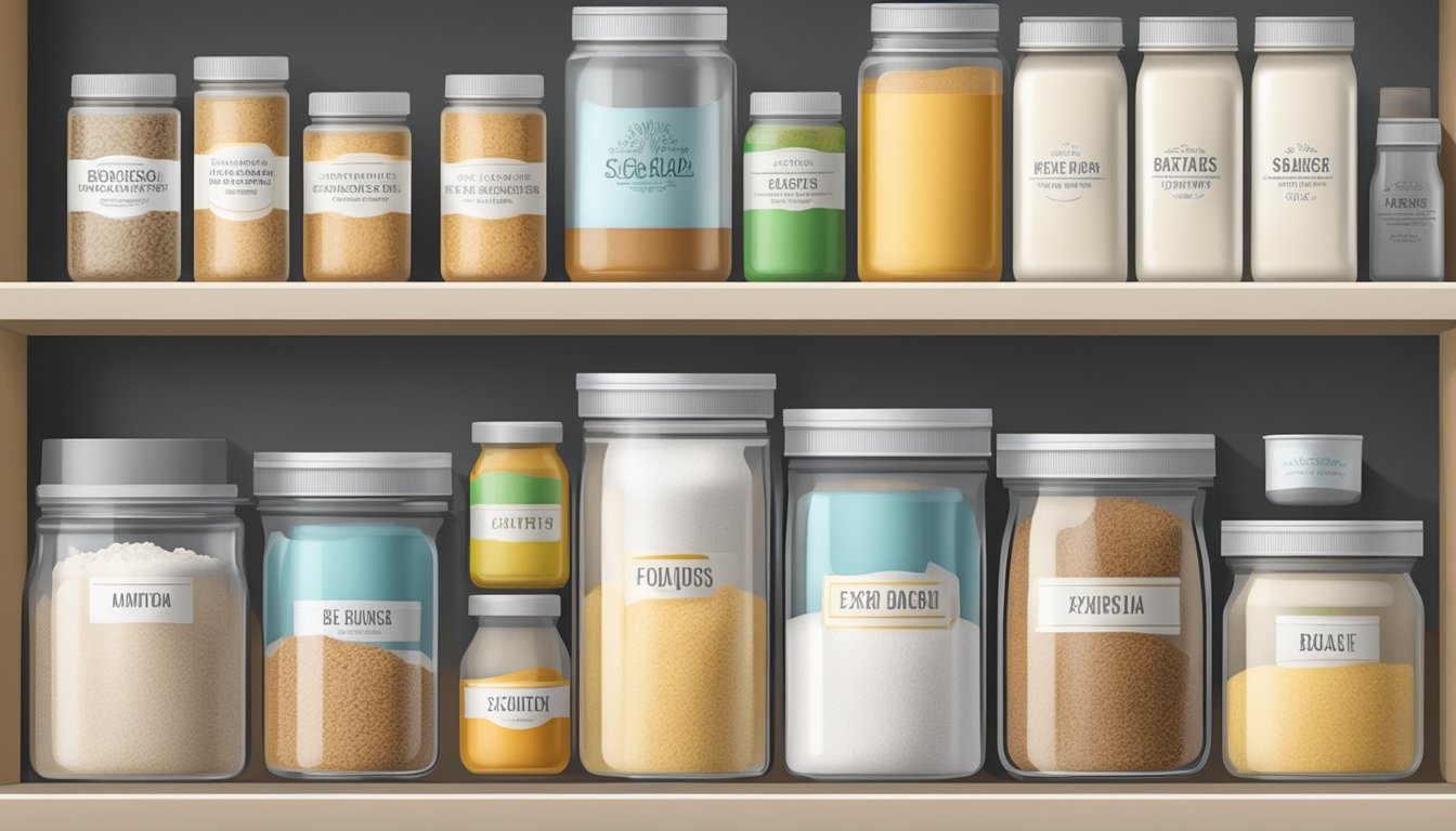 A pantry shelf with neatly organized containers of sugar, flour, and other baking supplies, with labels indicating expiration dates