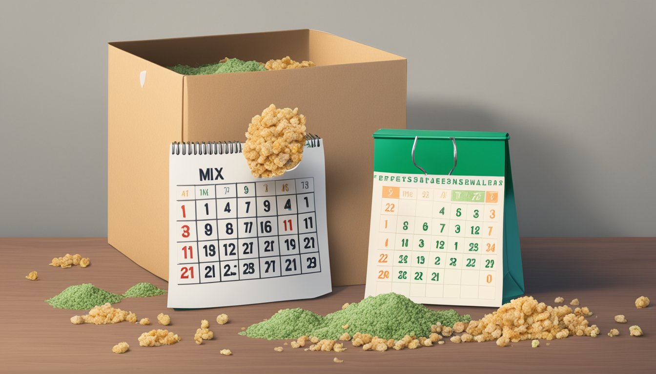 An open box of expired stuffing mix next to a calendar showing the past date. A moldy smell emanates from the mix