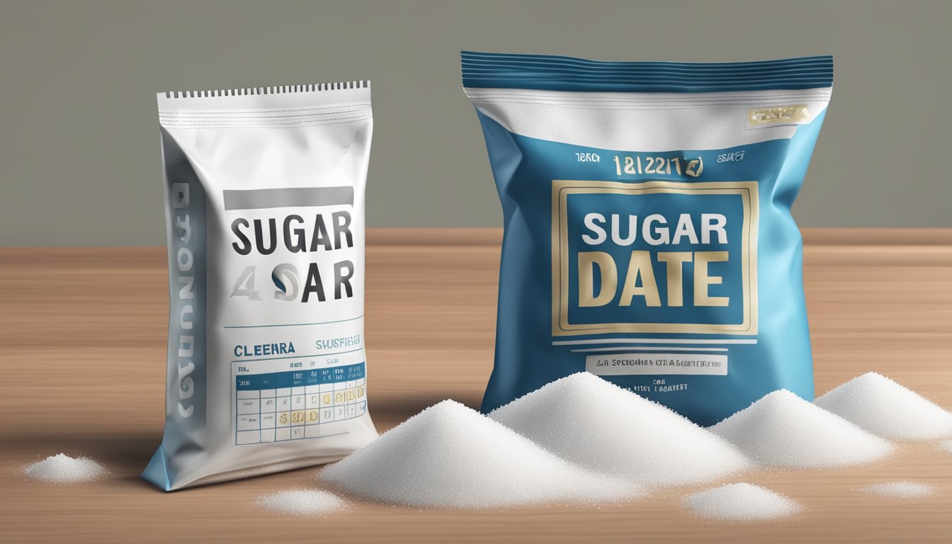 A bag of sugar with visible quality indicators such as clumping, discoloration, or unusual odor, sitting next to a calendar showing an expired date