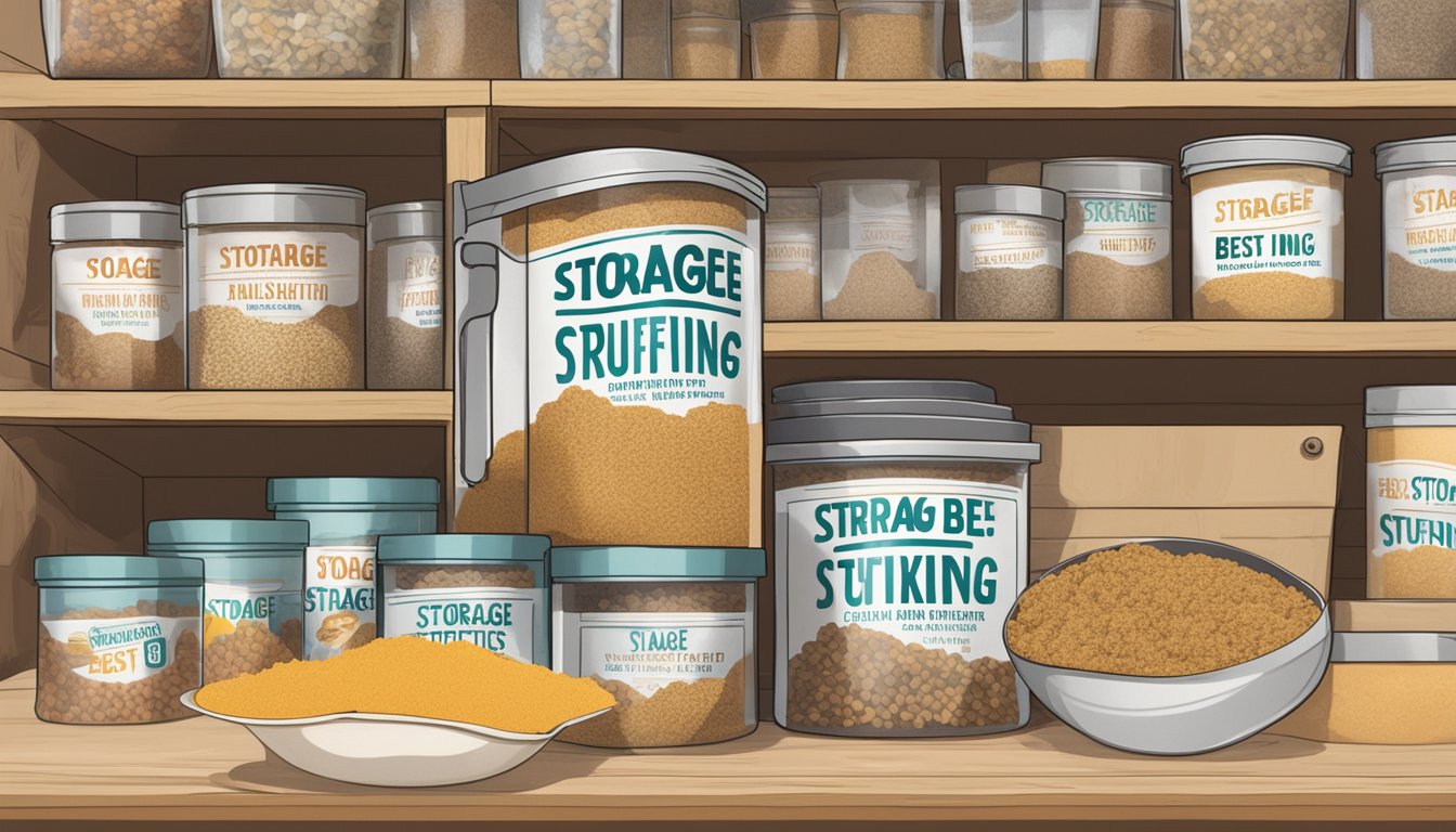 A pile of expired stuffing mix sits on a shelf next to a sign that reads "Storage Best Practices."