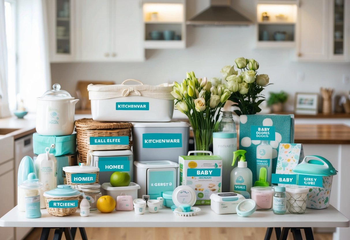 A table with various items like kitchenware, baby products, and home goods, all neatly organized and labeled for a registry