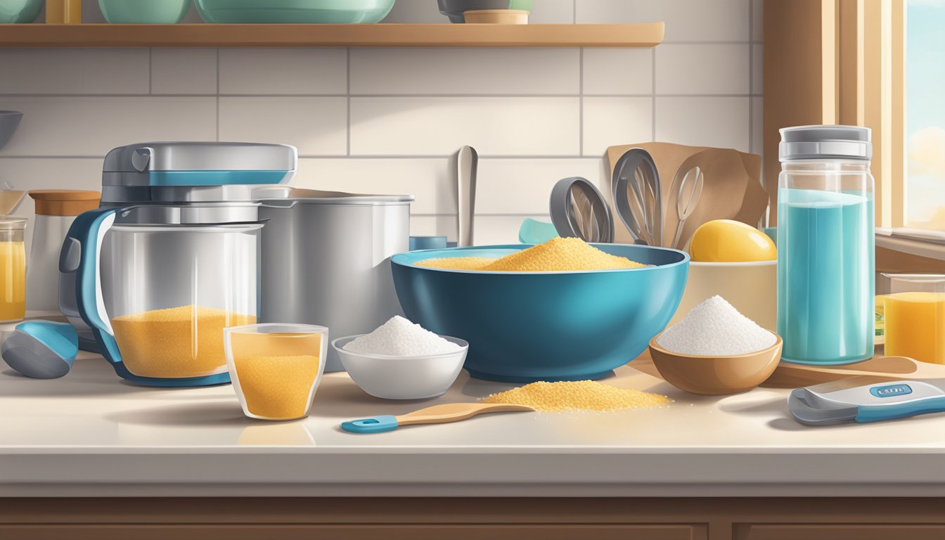 A kitchen counter with a bag of expired sugar next to a mixing bowl and measuring cups