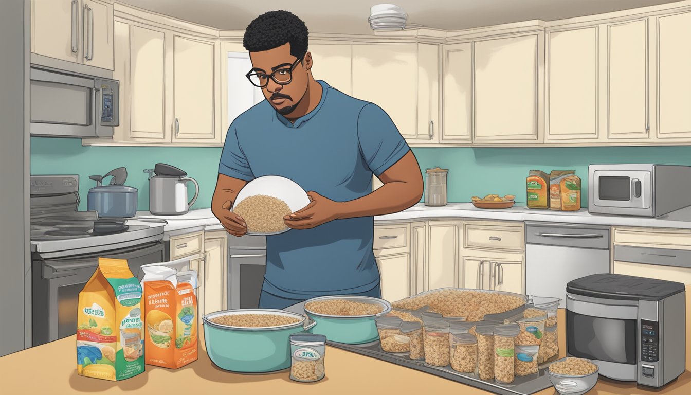 A person examines an expired stuffing mix, looking at the packaging with a puzzled expression, while a pot of boiling water and a microwave oven are visible in the background