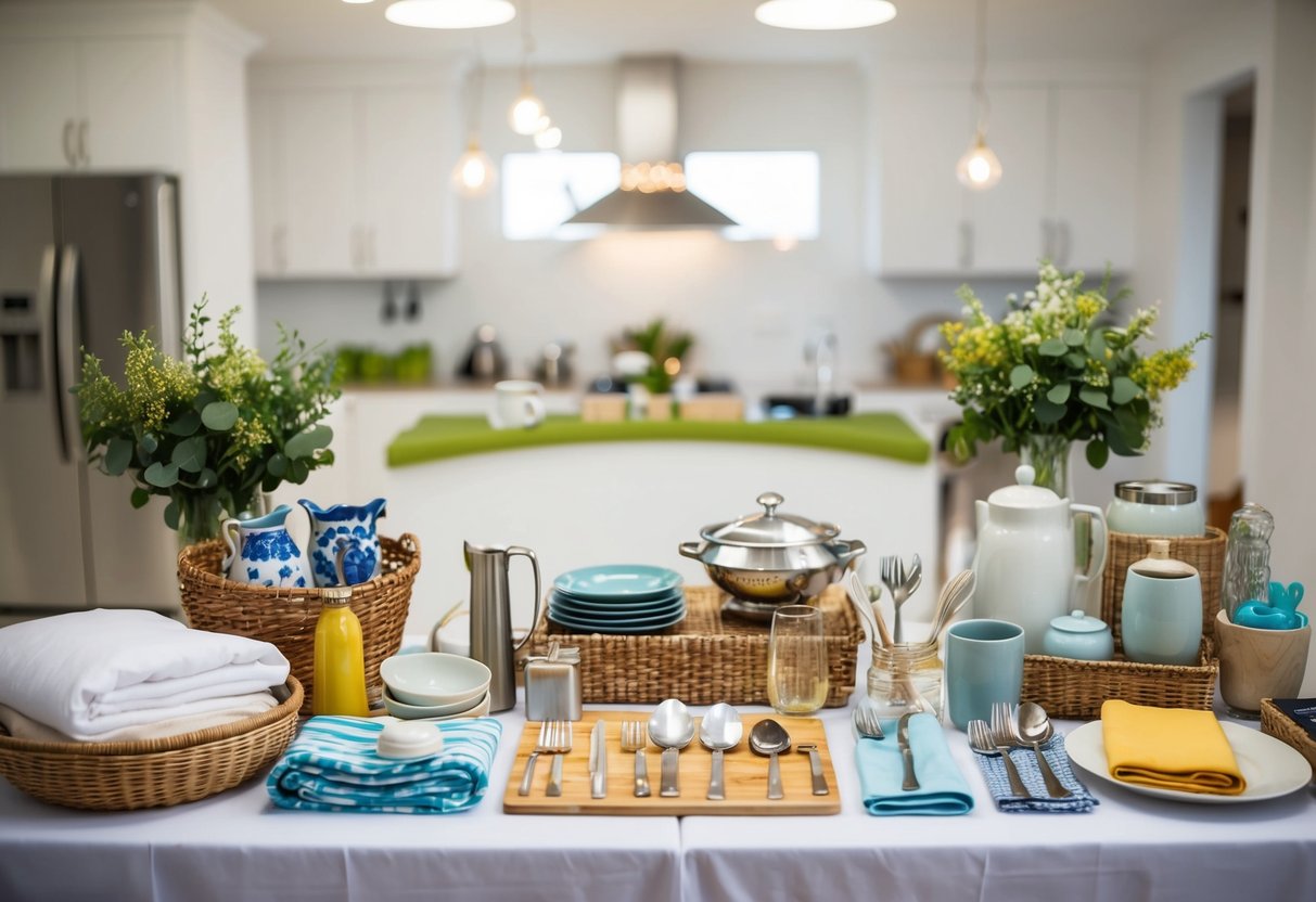 A table with various household items, such as kitchenware, bedding, and home decor, arranged neatly for a registry
