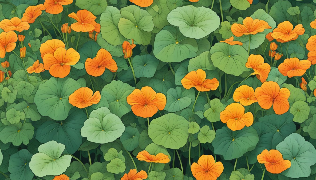 A lush garden bed filled with vibrant nasturtium flowers and leaves, with a sense of curiosity and caution in the air