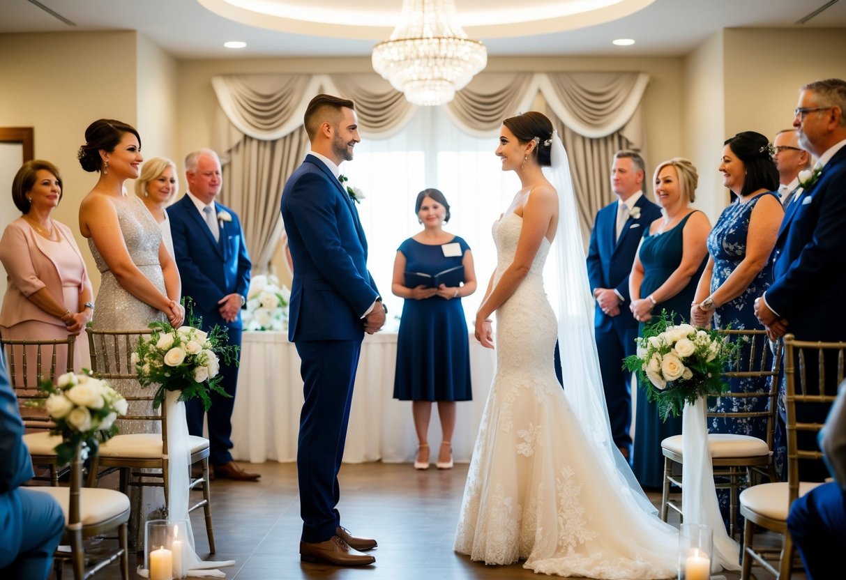A bride and groom stand facing each other in a decorated venue, surrounded by family and friends. A wedding planner directs them through the ceremony rehearsal