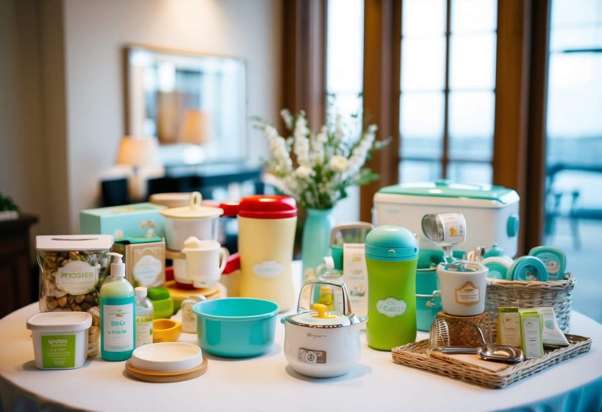 A table with various items like kitchenware, baby products, and home goods displayed for a registry