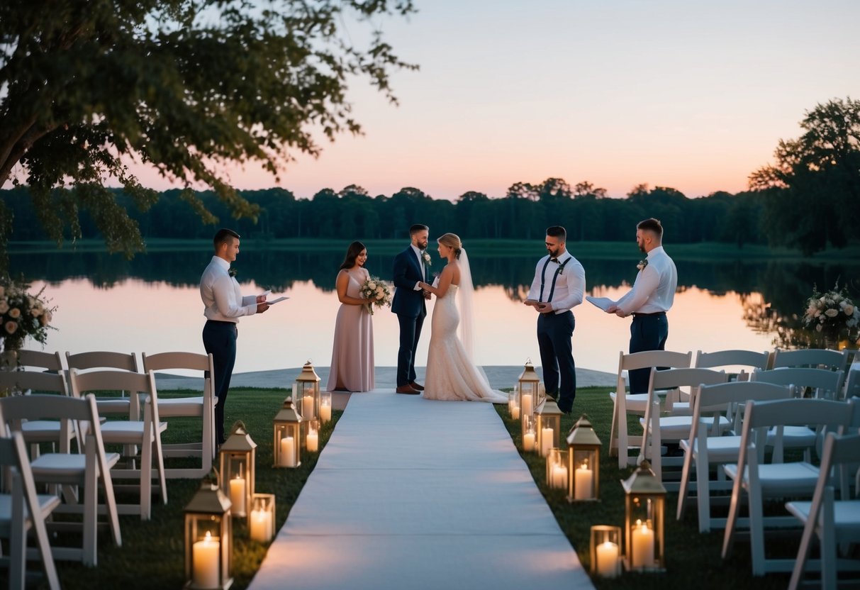 A serene outdoor wedding venue at dusk, with a small group of people practicing the ceremony and coordinating logistics