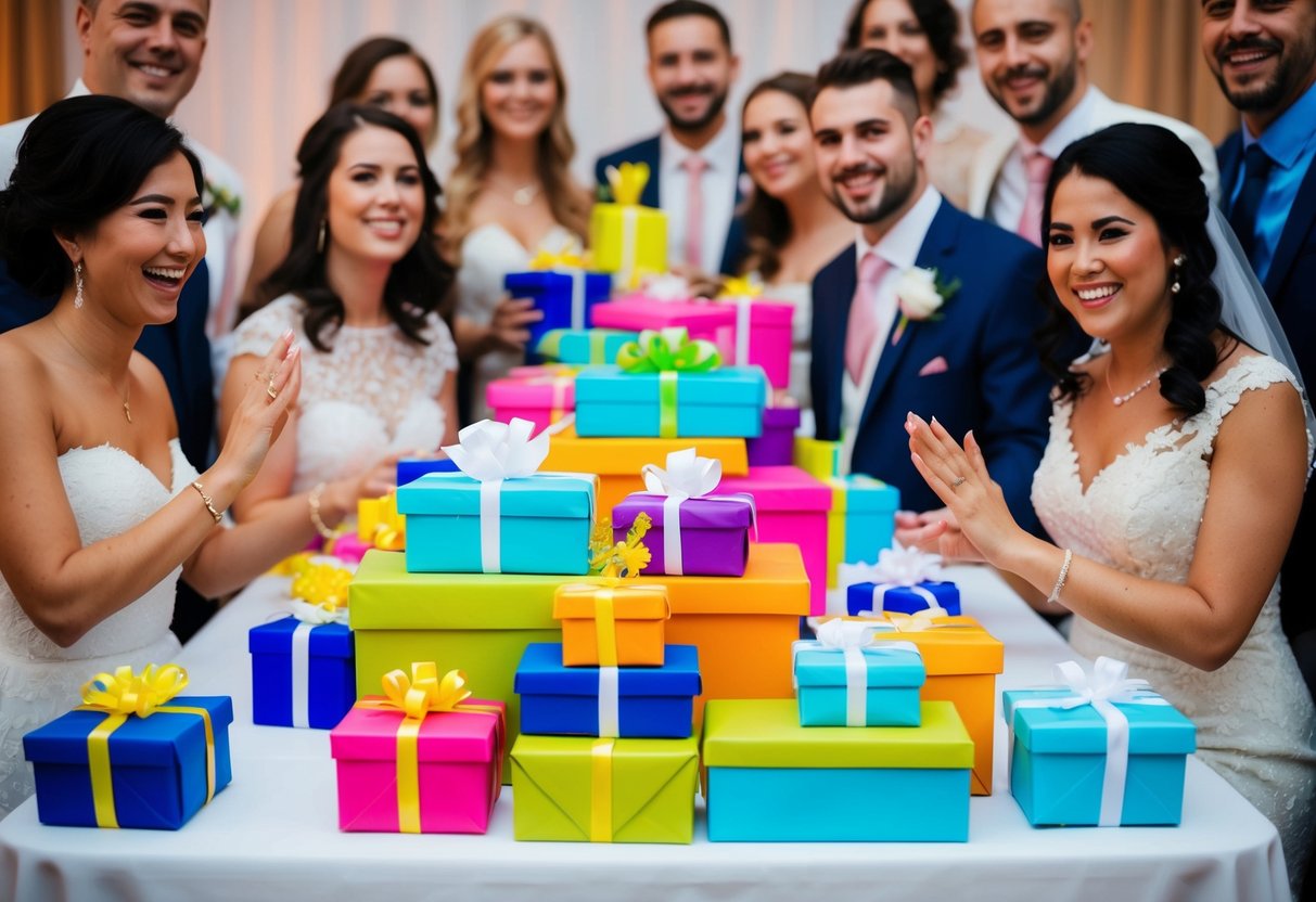 A table with gifts wrapped in colorful paper, surrounded by happy guests at a wedding reception
