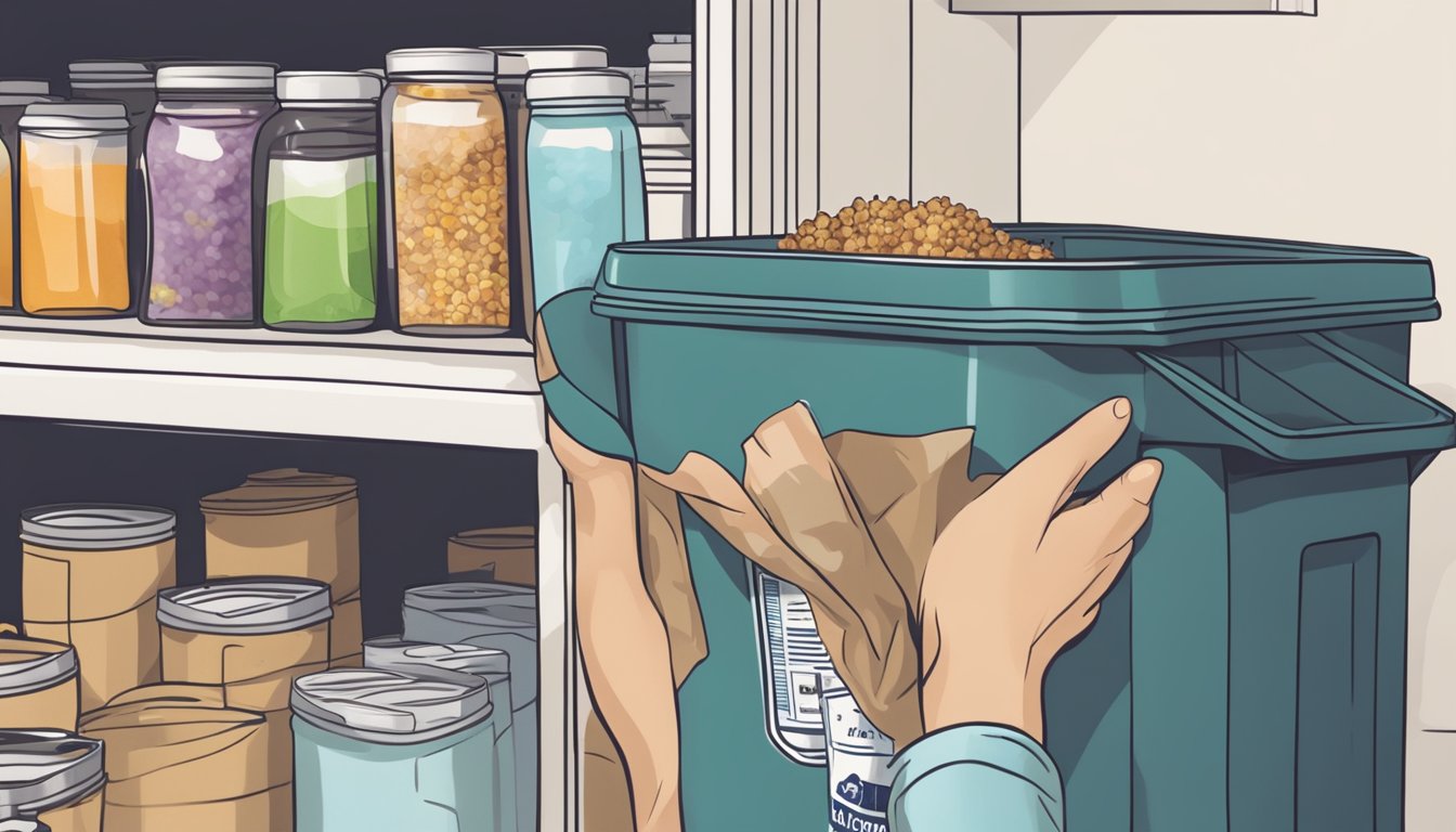 An open pantry with expired stuffing mix next to a trash can. A hand hesitates before reaching for it