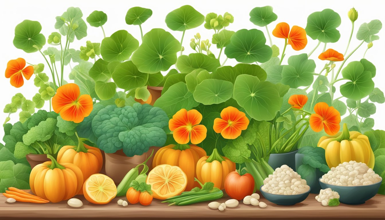 A colorful illustration of nasturtium flowers and leaves surrounded by a variety of fresh vegetables and fruits, with a nutritional chart in the background