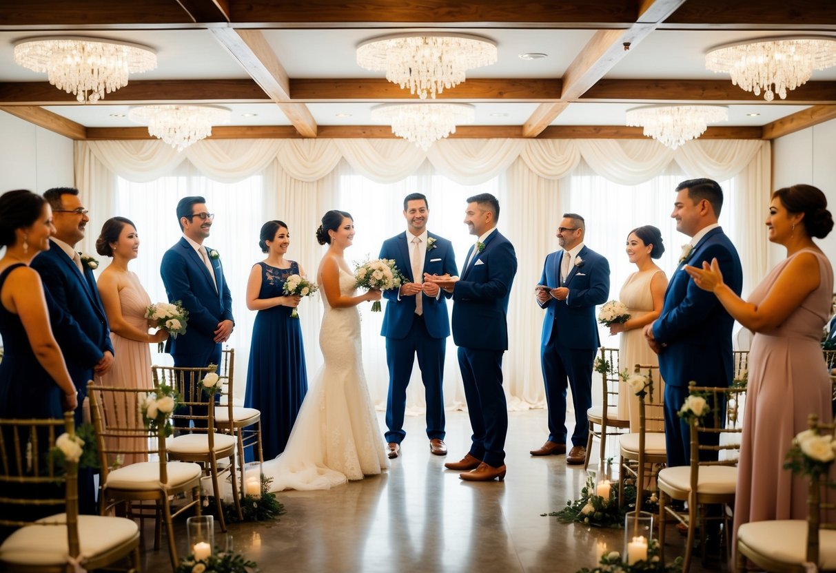 A group of people stand in a decorated wedding venue, practicing their roles for the ceremony. The atmosphere is filled with excitement and anticipation