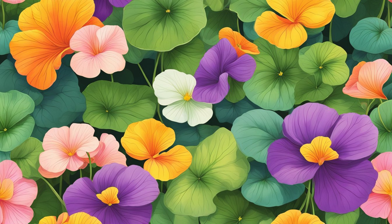 Vibrant nasturtiums bloom in a garden, their round leaves and colorful flowers adding a pop of color to the greenery