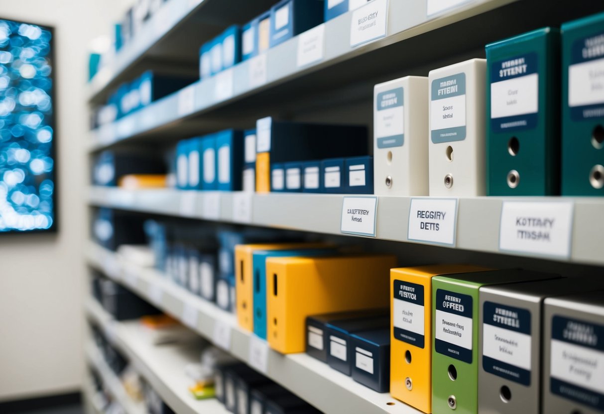 A registry of items displayed on a shelf, organized and labeled for easy access and identification
