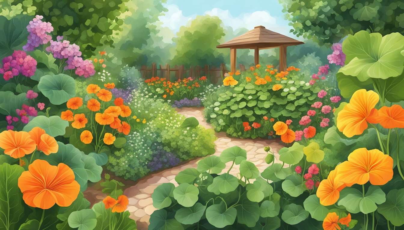 A lush garden with vibrant nasturtium flowers and leaves, surrounded by fresh herbs and colorful vegetables