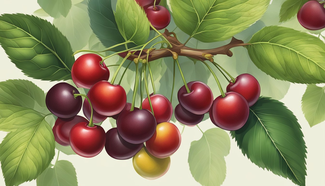 A cluster of cherries, some ripe and red, others still green and unripe, hanging from a leafy branch