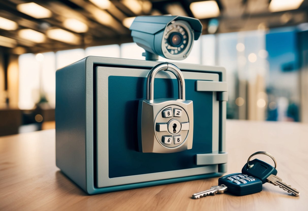 A locked safe with a key and a digital lock, surrounded by a shield and guarded by a security camera