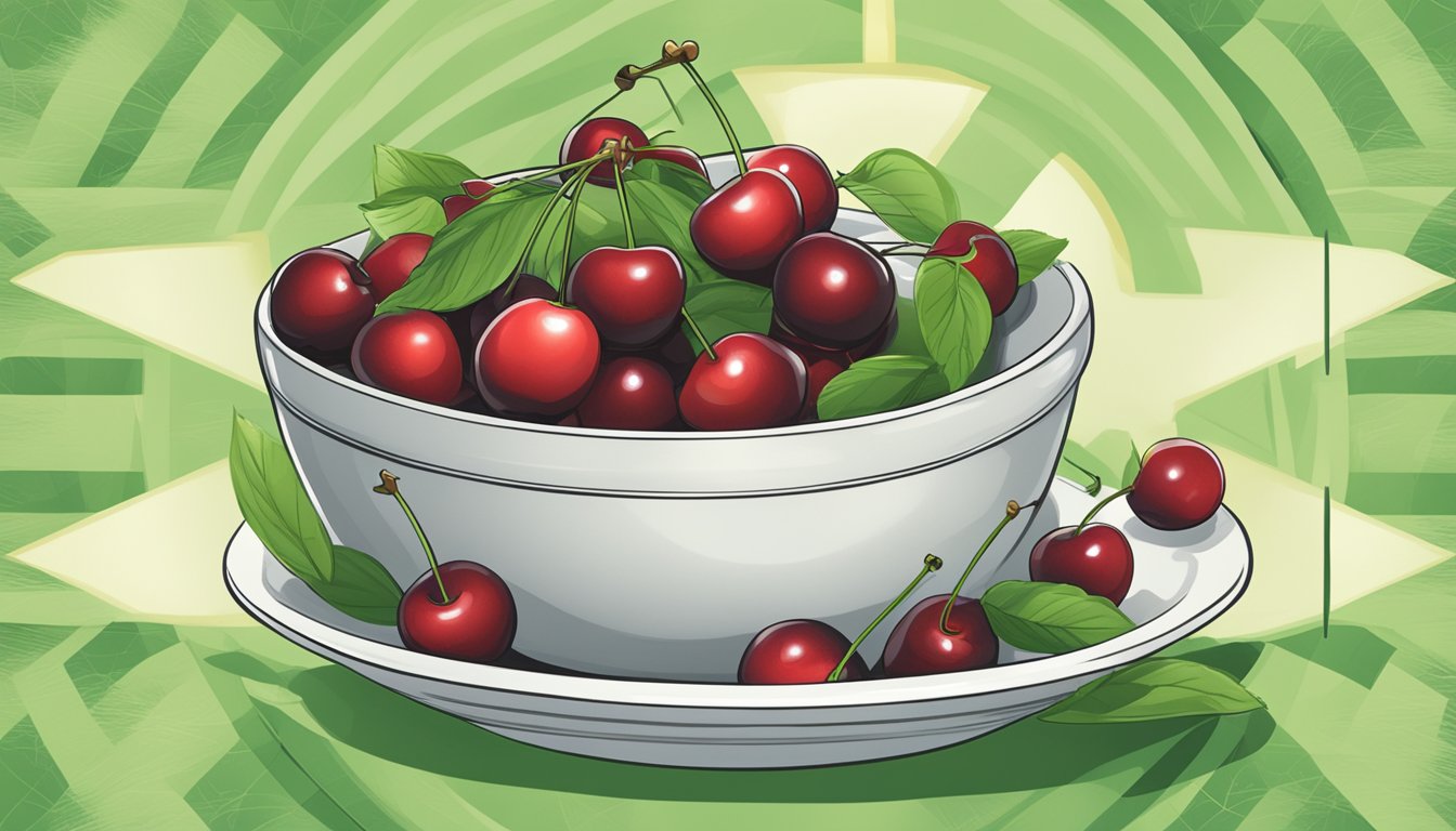 A bowl of unripe cherries next to a warning sign with a red cross symbol