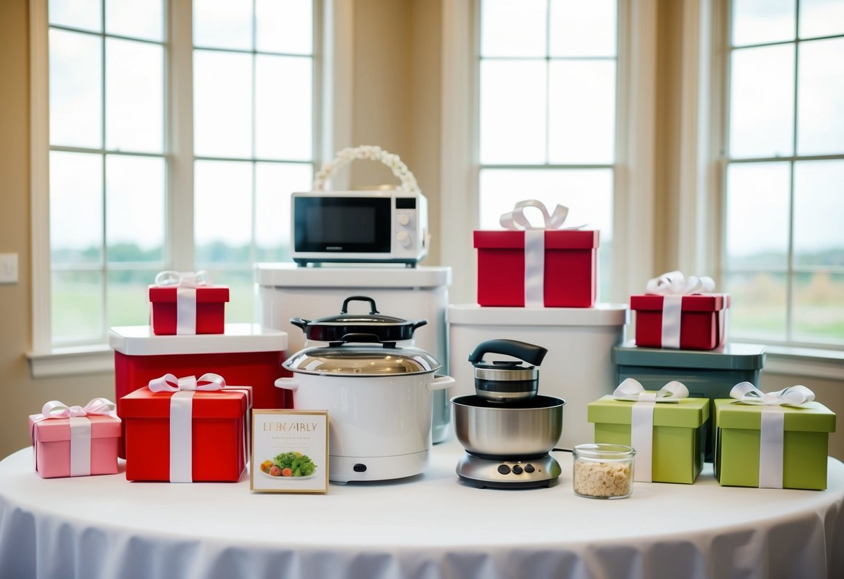 A table with gifts for a bridal registry: kitchen appliances, bedding, and home decor