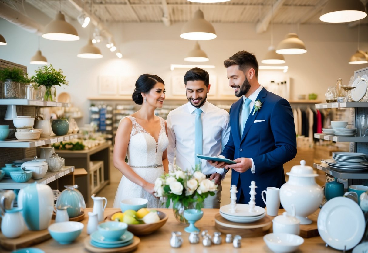 A bride and groom looking at a variety of household items, kitchenware, and decorative pieces in a store, while a salesperson explains the difference between a wedding registry and a bridal registry