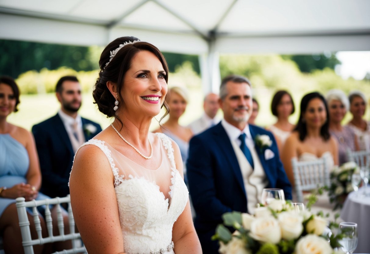 The mother of the bride watches the wedding rehearsal from a distance, smiling warmly as she observes the proceedings
