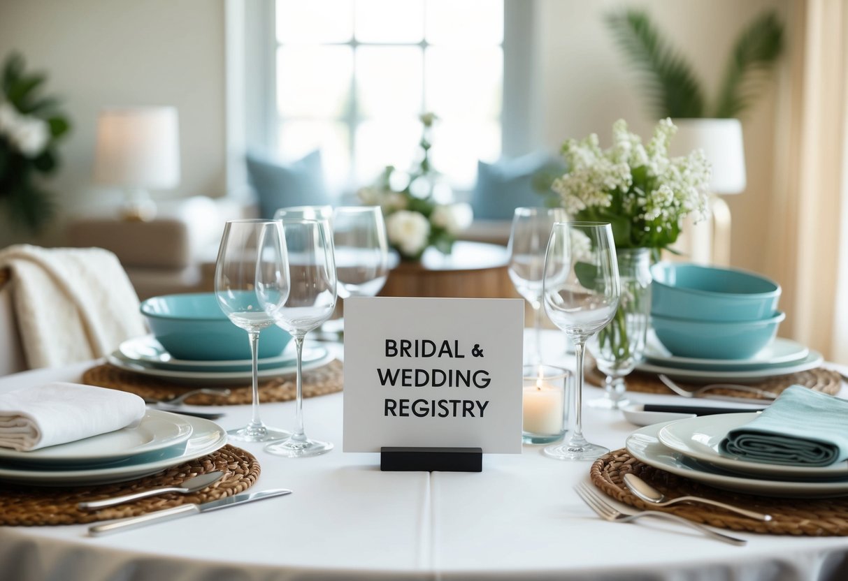 A table with items like kitchenware, linens, and home decor. A sign distinguishes between a bridal and wedding registry