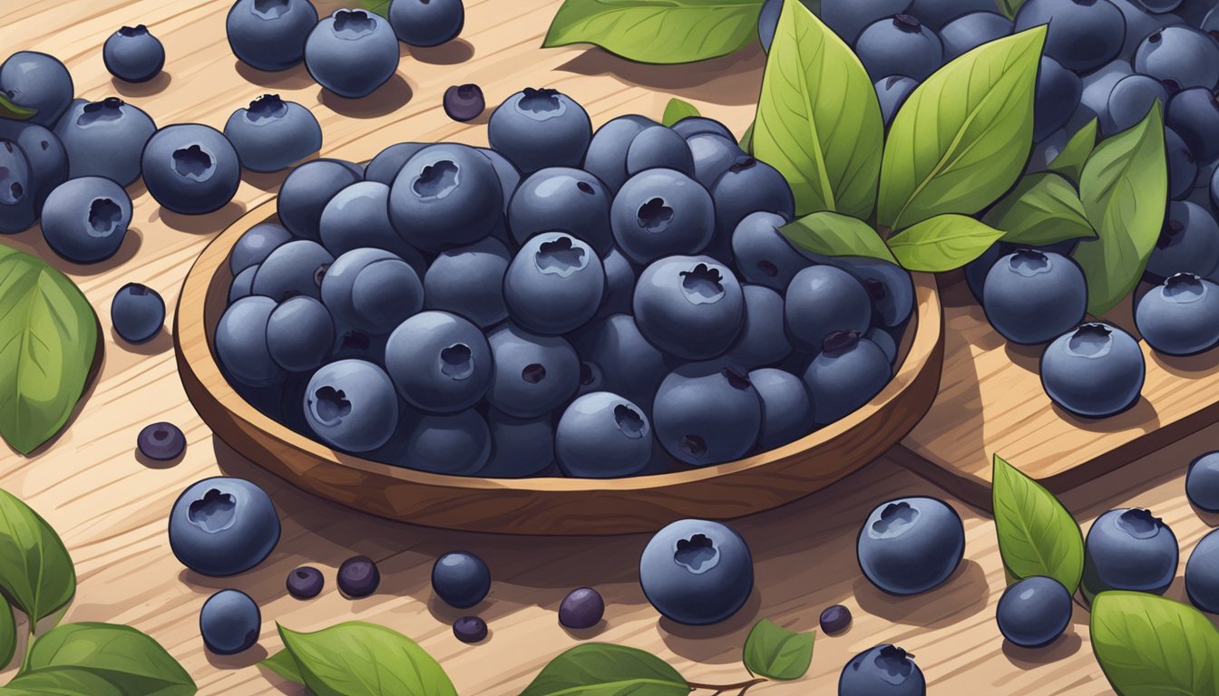 A pile of unripe blueberries sits on a wooden cutting board, surrounded by scattered leaves and stems. Some berries are green and firm, while others show hints of purple