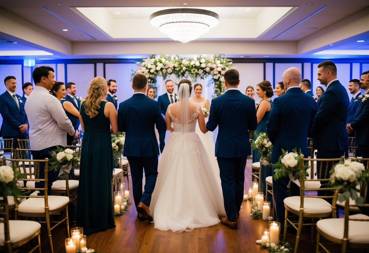 A group of people gather in a decorated venue, practicing the wedding ceremony. They walk through the steps and make adjustments as needed