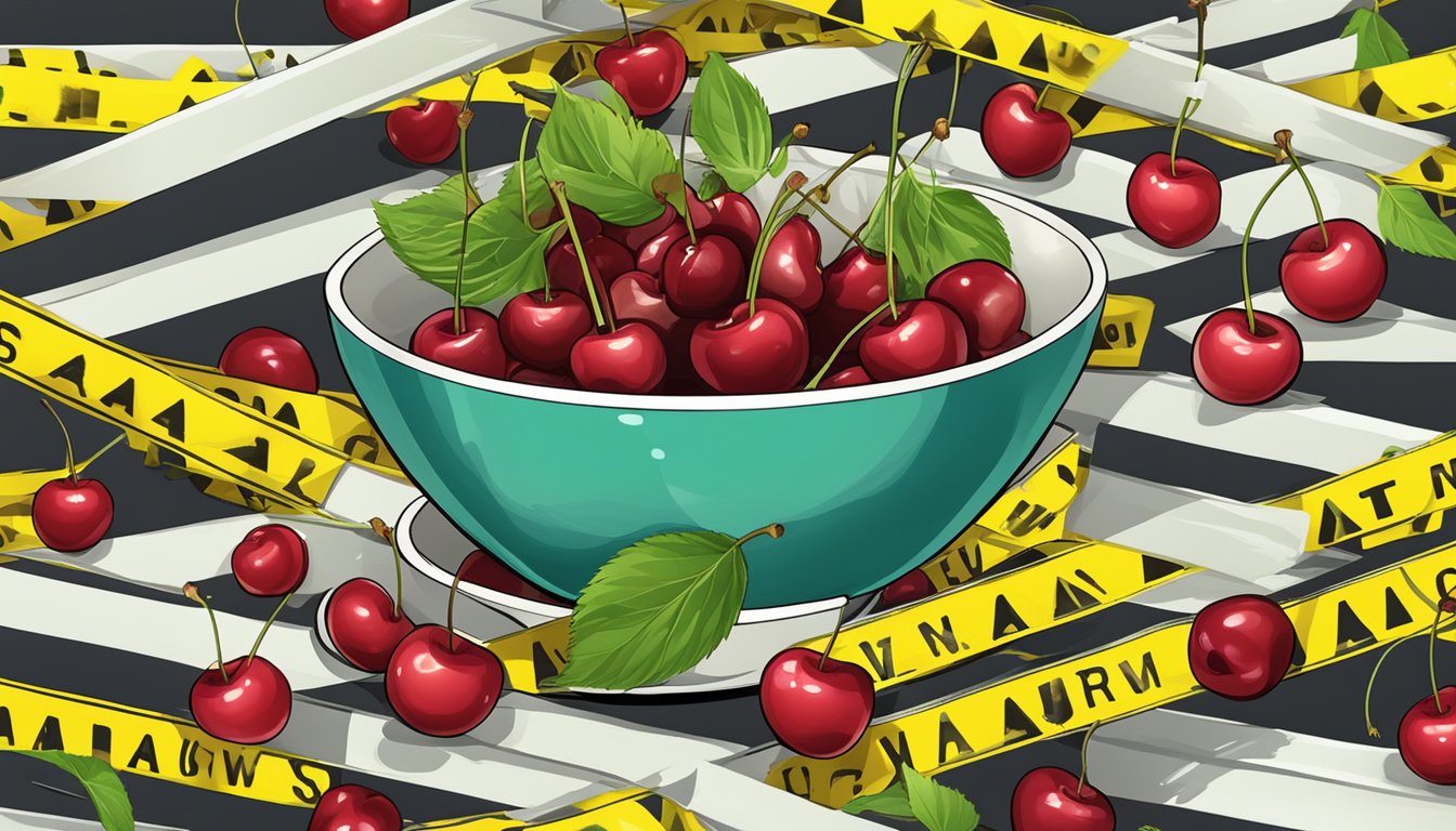 A bowl of unripe cherries surrounded by caution tape and warning signs