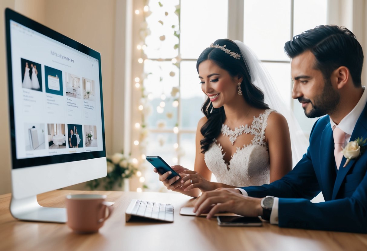 A bride and groom browsing a computer and smartphone, adding items to separate bridal and wedding registries