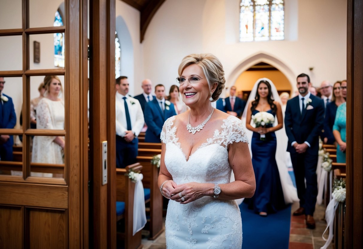 The mother of the bride stands at the entrance of the church, watching as the wedding rehearsal takes place inside. She smiles as she sees her daughter practicing her walk down the aisle