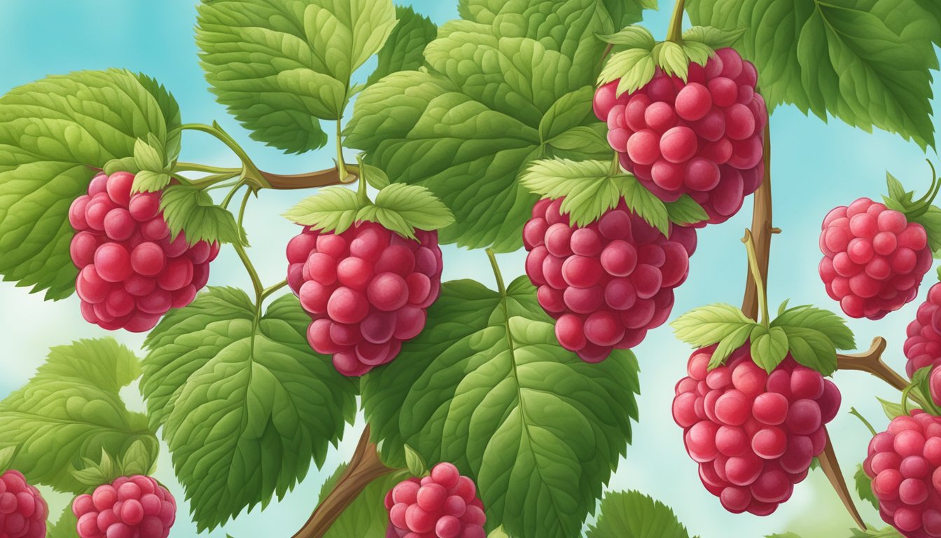 A cluster of raspberries, some red and ripe, others still green and unripe, growing on the vine in a garden