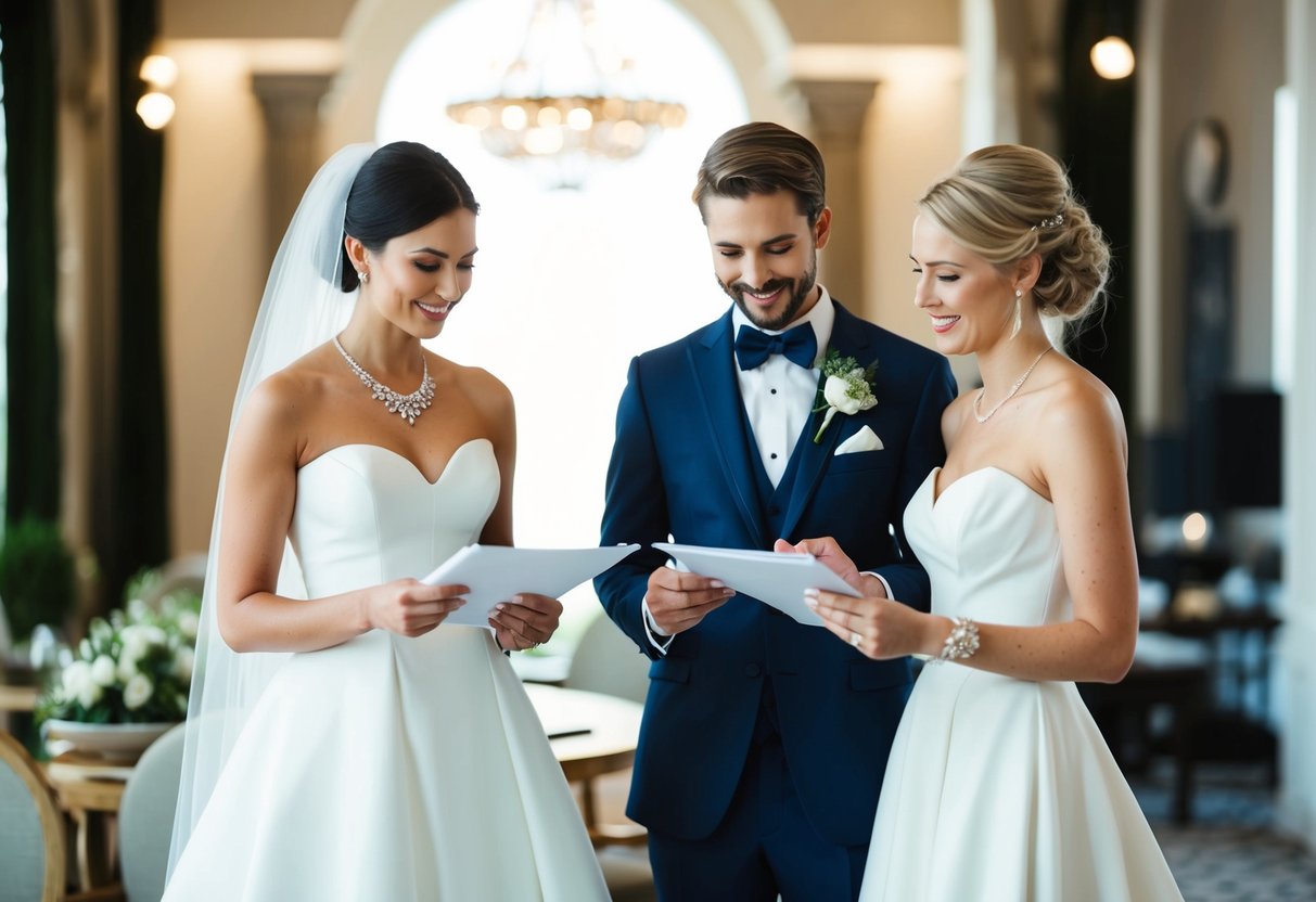 A bride and groom stand with a wedding registry and a bridal registry, comparing items and making notes